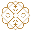 A symmetrical, gold ornamental emblem with intertwining loops and four floral-like symbols at the corners, forming a square lattice.